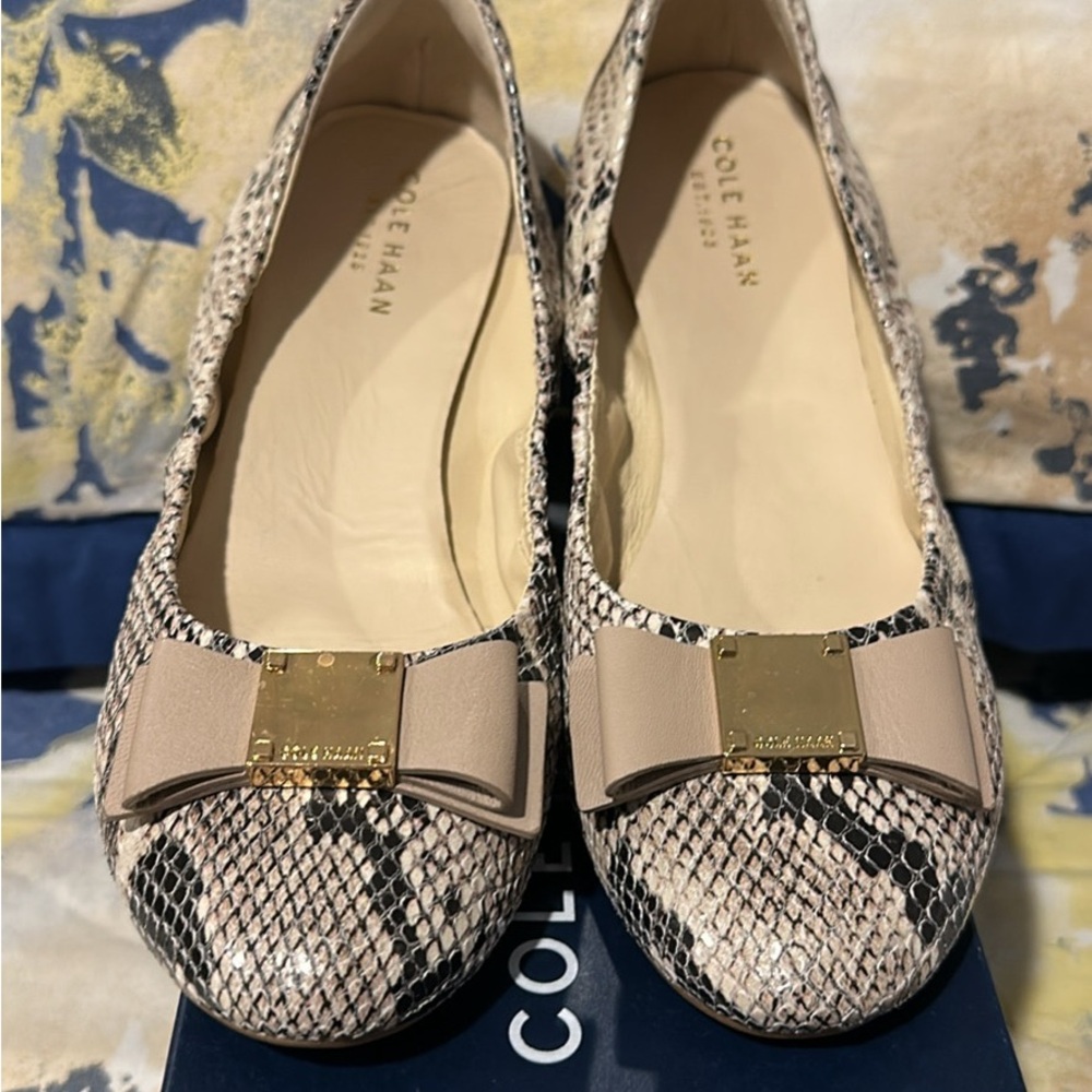 Cole Haan Women's Snakeskin Flats with Gold Bow